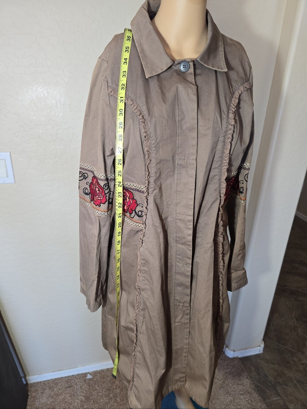 ODD MOLLY Taupe Embroidered Floral Long Coat No Size Tag See Measurements - Picture 4 of 11
